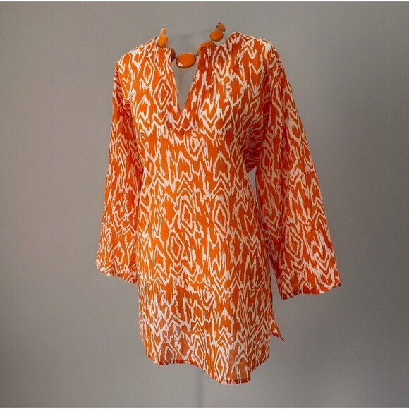 Women’s Tropical Orange + White Patterned Tunic, Light Tissue Cotton Size: L - Picture 8 of 12